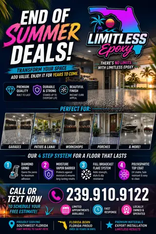 End of summer deals flyer for epoxy flooring services