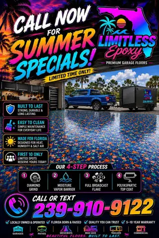 Promotional flyer for summer epoxy garage floor specials