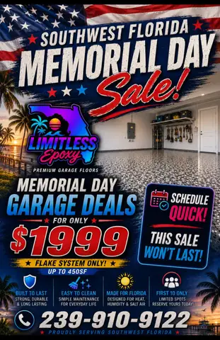 Memorial Day sale flyer featuring garage floor epoxy offers