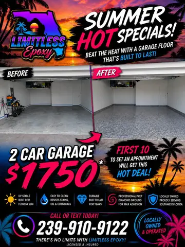 Before and after comparison of a two-car garage epoxy floor