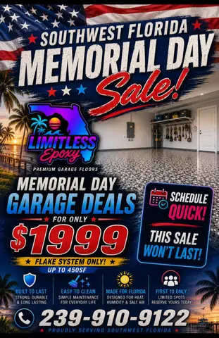 Memorial Day sale flyer featuring garage floor epoxy offers