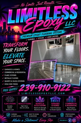 Promotional flyer for Limitless Epoxy flooring services