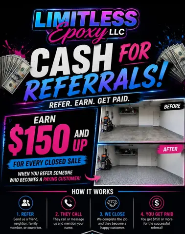 Cash referral program flyer for Limitless Epoxy LLC